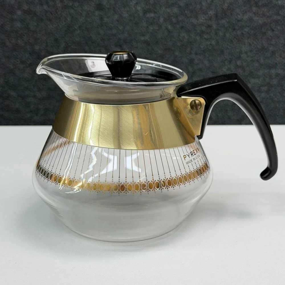 Vintage Pyrex 2 Cup Glass Carafe Gold Medallion Atomic Starburst Coffee Server